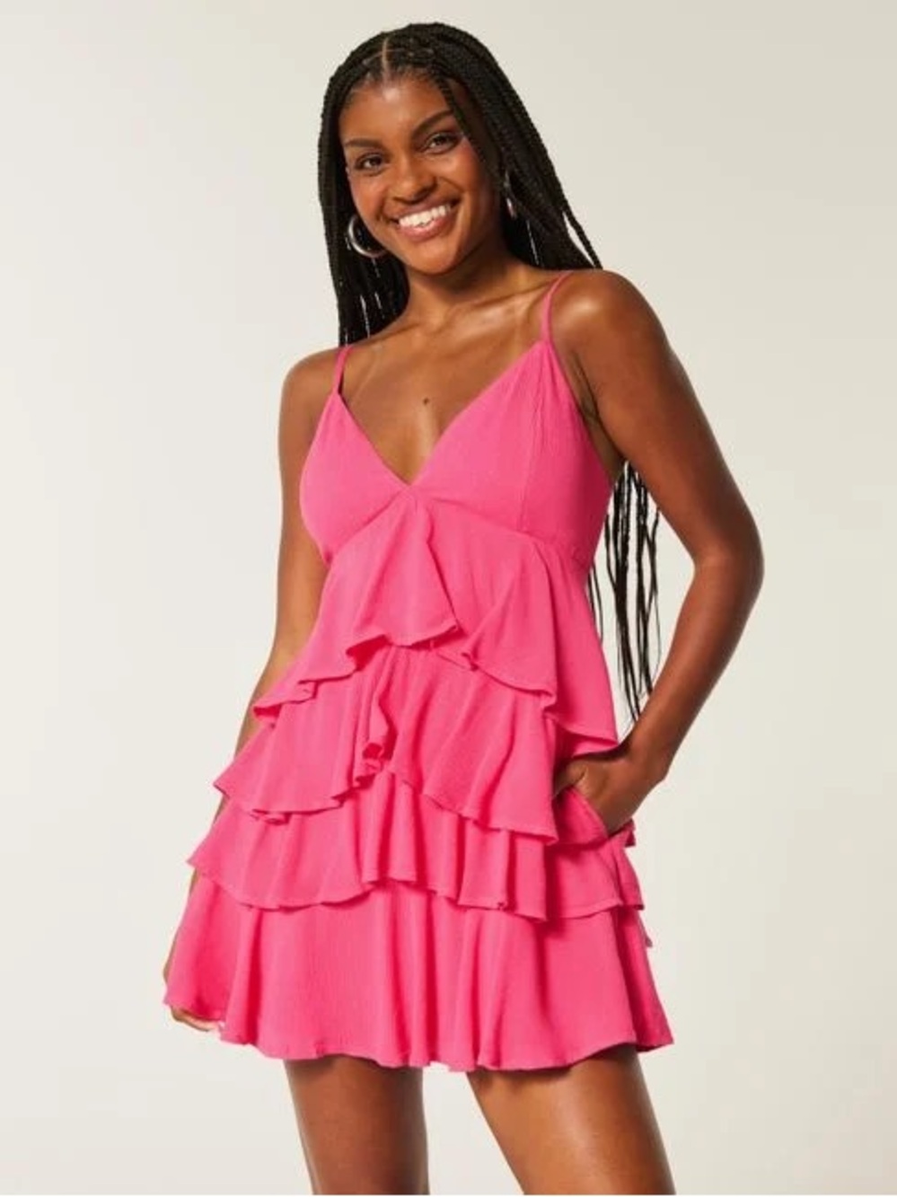 Hollister Hot Pink Ruffle Tiered Babydoll Mini Dress | Size Large
